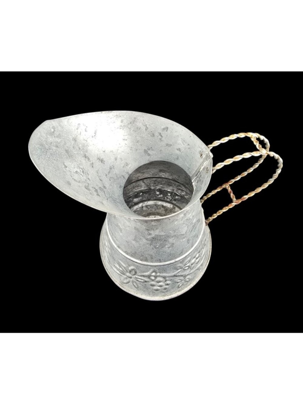 Galvanized Metal Pitcher With Embossed Floral Design & Twisted Handle - Picture 2 of 15